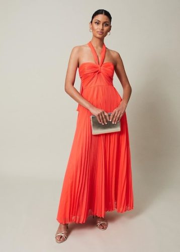 Phase Eight Evangeline Pleated Halterneck Maxi Dress Coral