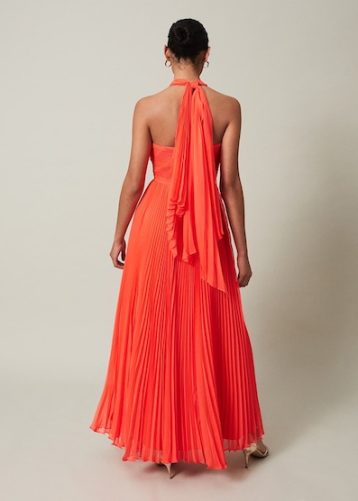 Phase Eight Evangeline Pleated Halterneck Maxi Dress Coral