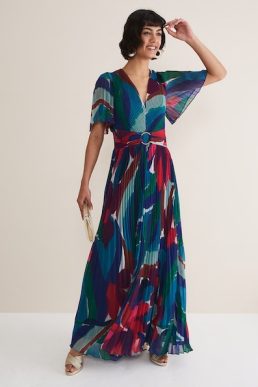 Phase Eight Priscilla Abstract Floral Pleated Maxi Dress Blue Multi