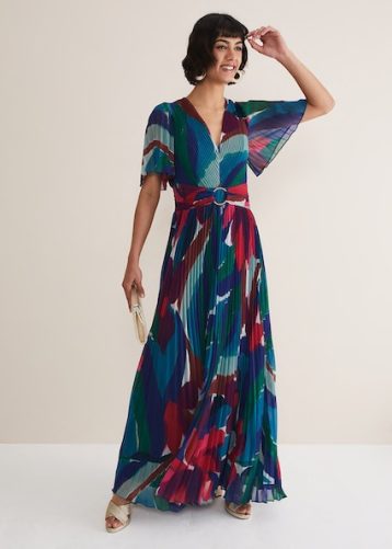 Phase Eight Priscilla Abstract Floral Pleated Maxi Dress Blue Multi