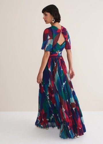 Phase Eight Priscilla Abstract Floral Pleated Maxi Dress Blue Multi