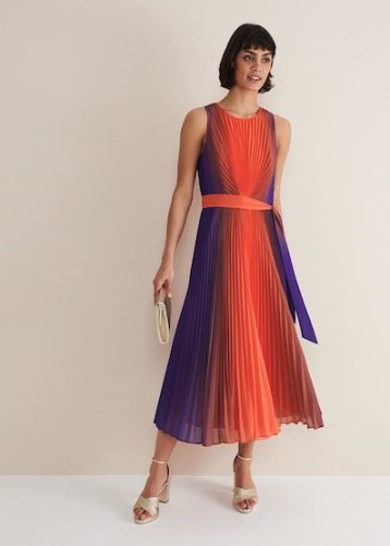 Phase Eight Simara Ombre Pleated Midi Dress Vermillion multi