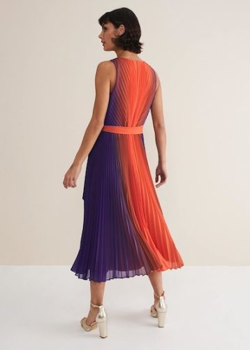 Phase Eight Simara Ombre Pleated Midi Dress Vermillion multi