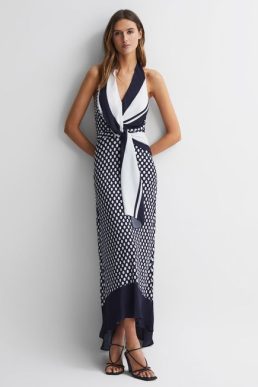 Reiss Amelia Striped Polka Dot Halter Maxi Dress Navy White