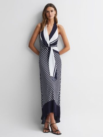 Reiss Amelia Striped Polka Dot Halter Maxi Dress Navy White