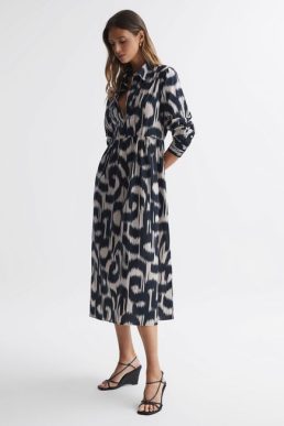 Reiss Cleo Printed Sleeve Midi Dress Black Cream