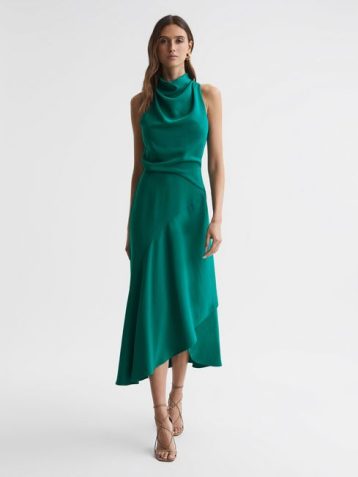 Giana High Neck Draped Midi Dress Green