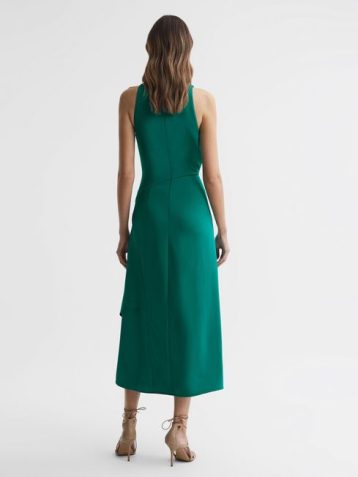 Giana High Neck Draped Midi Dress Green