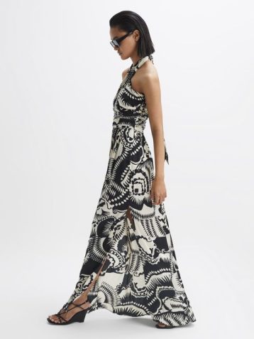 Reiss Hallie Printed Halter Neck Maxi Dress Black white