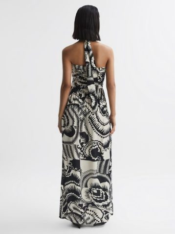 Reiss Hallie Printed Halter Neck Maxi Dress Black white