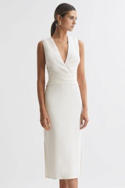 Reiss Jayla Fitted Wrap Design Midi Dress Ivory