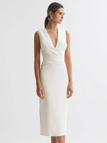 Reiss Jayla Fitted Wrap Design Midi Dress Ivory