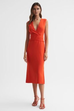 Reiss Jayla Fitted Wrap Design Midi Dress Orange