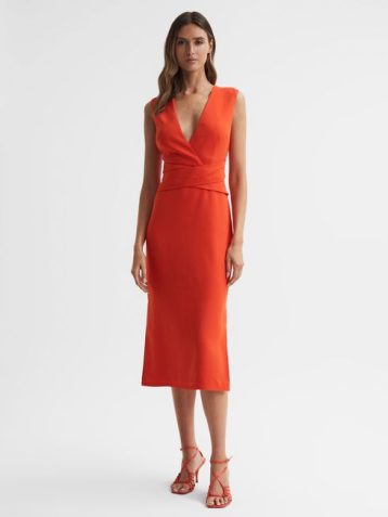 Reiss Jayla Fitted Wrap Design Midi Dress Orange