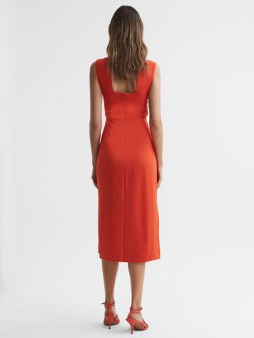 Reiss Jayla Fitted Wrap Design Midi Dress Orange