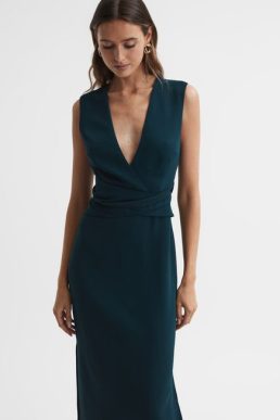 Reiss Jayla Fitted Wrap Design Midi Dress Teal