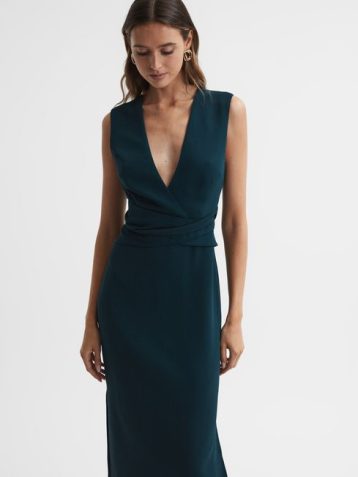 Reiss Jayla Fitted Wrap Design Midi Dress Teal