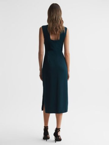 Reiss Jayla Fitted Wrap Design Midi Dress Teal