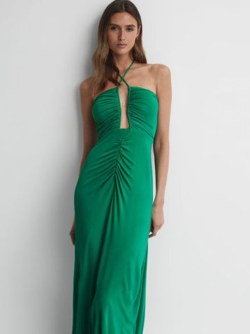 Reiss Lana Plunge Neck Halter Maxi Dress Green