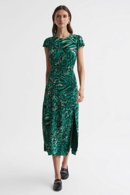 Reiss Livia Printed Cut Out Fitted Midi Dress Dark Green Multi