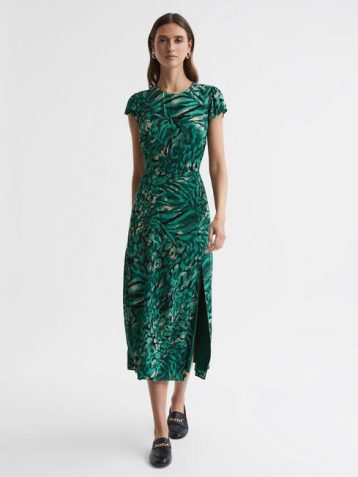 Reiss Livia Printed Cut Out Fitted Midi Dress Dark Green Multi