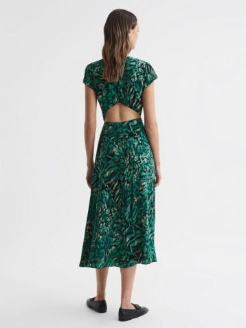 Reiss Livia Printed Cut Out Fitted Midi Dress Dark Green Multi