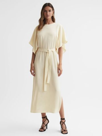 Reiss Louise Cape-Sleeve Midi Dress Lemon Yellow