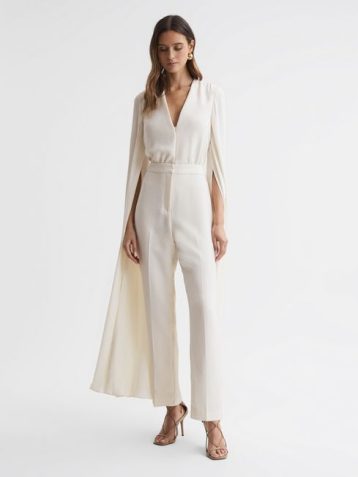 Reiss Olivia Cape Sleeve V-neck Jumpsuit Ivory