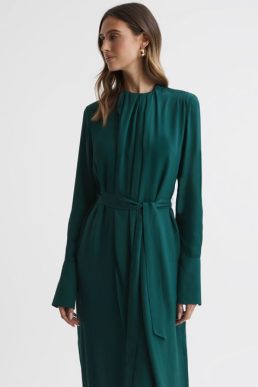 Reiss Phoenix Pleated Long Sleeve Midi Dress Dark Green