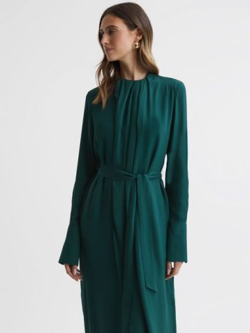 Reiss Phoenix Pleated Long Sleeve Midi Dress Dark Green