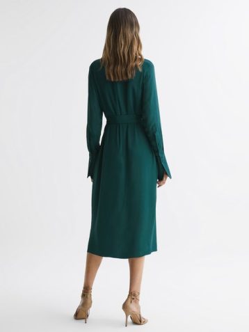 Reiss Phoenix Pleated Long Sleeve Midi Dress Dark Green