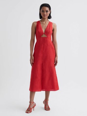 Reiss Rhoda Cotton-Linen Midi Dress Orange