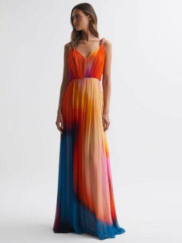 Reiss Stacia Halston Pleated Maxi Gown Orange Multi