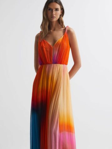 Reiss Stacia Halston Pleated Maxi Gown Orange Multi