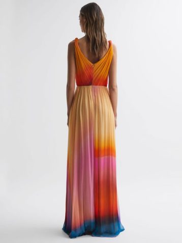 Reiss Stacia Halston Pleated Maxi Gown Orange Multi