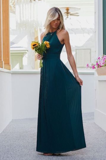 TFNC Serene Forest Green Maxi Pleated Bridesmaid Dress