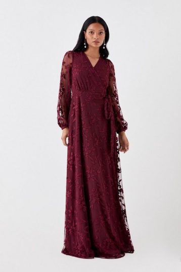 Coast Petite Embroidered Mesh Wrap Bridesmaids Dress