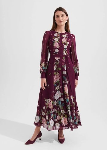 Hobbs Maribella Silk Floral Dress Burgundy Multi