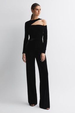 Reiss Adele Velvet Off-The-Shoulder Jumpsuit Black