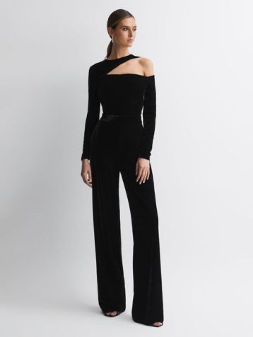 Reiss Adele Velvet Off-The-Shoulder Jumpsuit Black