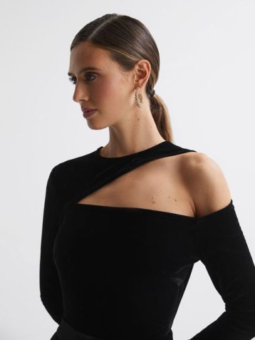 Reiss Adele Velvet Off-The-Shoulder Jumpsuit Black