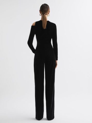 Reiss Winter Velvet One-Shoulder Jumpsuit Black