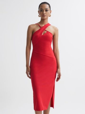 Reiss Halle Bodycon Cut-Out Midi Dress Red