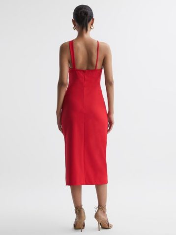 Reiss Halle Bodycon Cut-Out Midi Dress Red