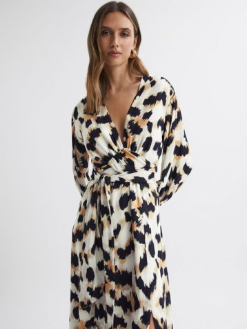 Reiss Marie Animal Print Midi Dress Black White