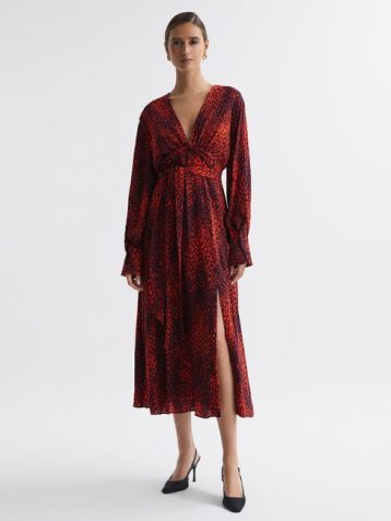 Reiss Maya Animal Print Blouson Sleeve Midi Dress Red Multi