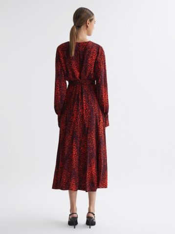 Reiss Maya Animal Print Blouson Sleeve Midi Dress Red Multi