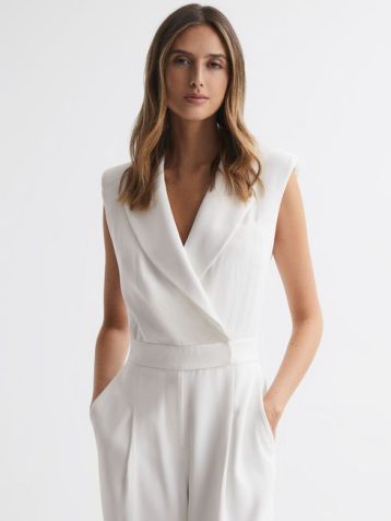 Reiss Saskia Satin Lapel Jumpsuit Ivory