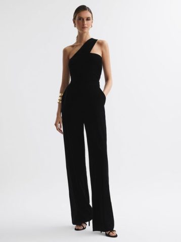 Reiss Winter Velvet One-Shoulder Jumpsuit Black