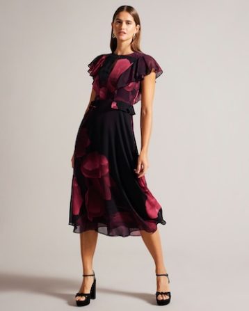 Ted Baker Bjorkaa Angel Sleeve Midi Dress With Peplum Black